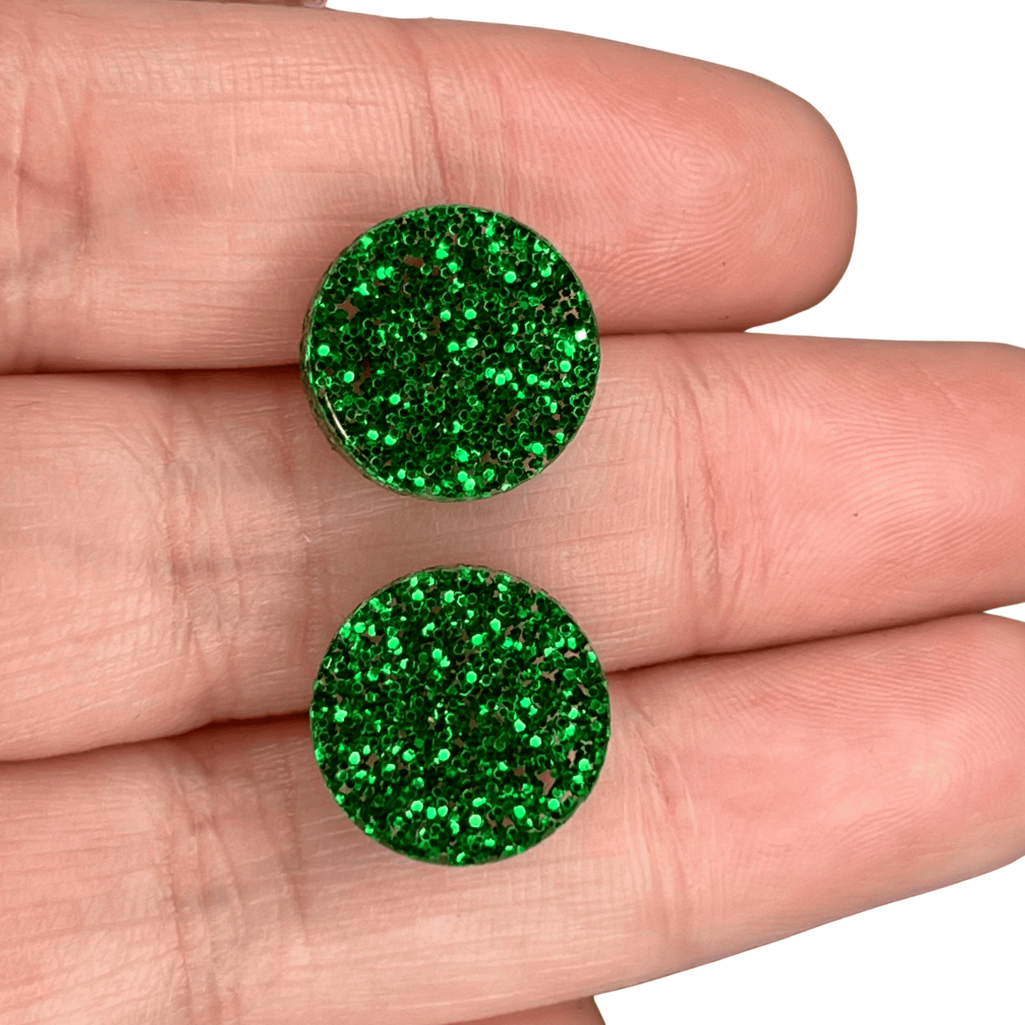 Green Glitter Round Acrylic Earrings - 14mm